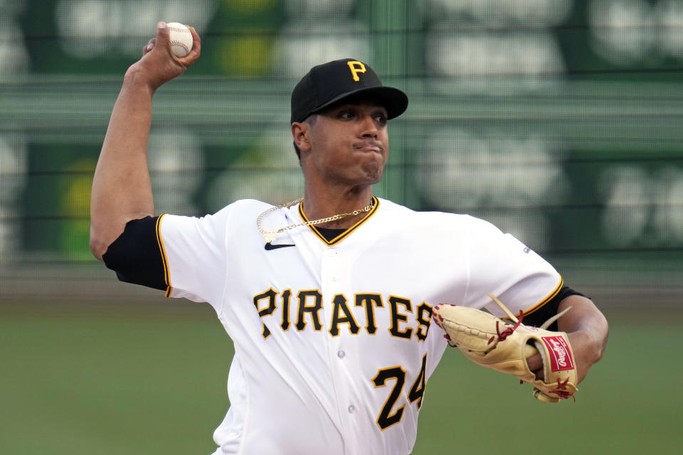 Pittsburgh Pirates starting pitcher Johan Oviedo delivers during the first inning of a baseball game against the Toronto Blue Jays in Pittsburgh, Saturday, May 6, 2023. (AP Photo/Gene J. Puskar)