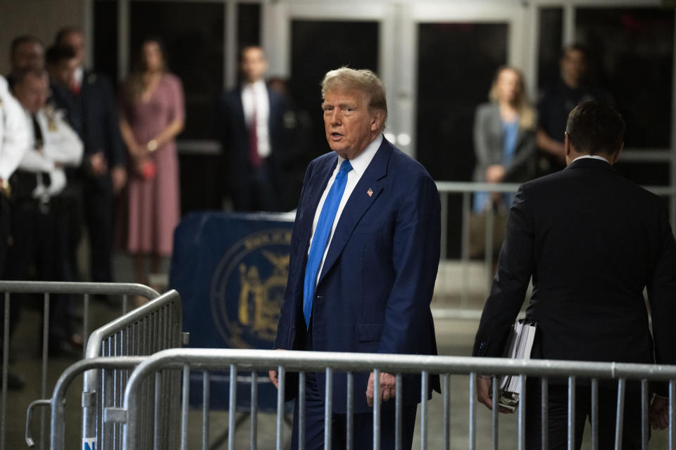 Former President Donald Trump arrives at Manhattan criminal court in New York, on Friday, May 3, 2024. (Doug Mills/The New York Times via AP, Pool)