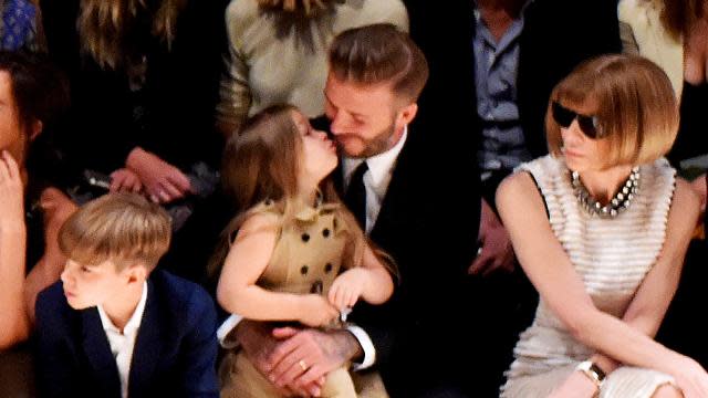 Harper Beckham could not look any more angelic. The 3-year-old daughter of David and Victoria Beckham stole all of the attention at the Burberry's "London in Los Angeles" fashion show on Thursday night. If you just want to pitch her cheeks, you're not alone. As she sits on her dad’s knee, she looks absolutely adorable in a beige dress with big buttons. <strong> PHOTOS: Stars and Their Adorable Tots </strong> Even <em>Vogue's </em>Anna Wintour's serious gaze looks softened as she can’t help but look at how cute Harper is through her classic shades. <strong> NEWS: Brooklyn Beckham's First Official Fashion Campaign </strong> This fashion show was truly a family event as Harper was also joined by big brothers Brooklyn, 16, Romeo, 12, and Cruz, 10. Romeo is no stranger to Burberry as he showed off his dance moves in their ads last November. Could little Harper be their next face? See how Romeo shined in the ad campaign below.