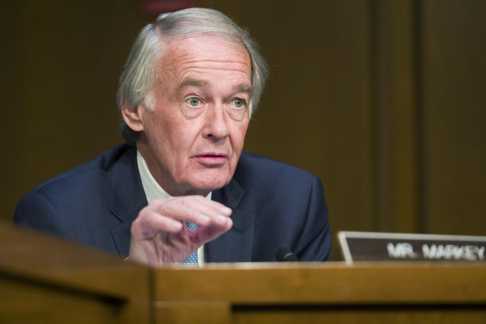 FILE - In this March 27, 2019 file photo, Sen. Ed Markey, D-Mass., speaks during a Senate Transportation subcommittee on commercial airline safety, on Capitol Hill in Washington. Amazon-owned doorbell camera company Ring is facing questions from a U.S. senator over its partnerships with police departments around the country. Sen. Edward Markey, a Massachusetts Democrat, sent a letter Thursday, Sept. 5, 2019 to Amazon CEO Jeff Bezos raising privacy and civil liberty concerns about Ring cameras that are capturing and storing footage of U.S. neighborhoods. Markey is seeking more information from Bezos about Ring’s video-sharing agreements with law enforcement agencies. (AP Photo/Alex Brandon, File)