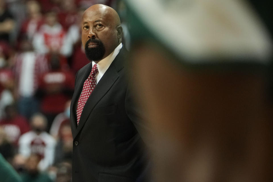 Indiana coach Mike Woodson watches the team play Eastern Michigan during the first half of an NCAA college basketball game in Bloomington, Ind., Tuesday, Nov. 9, 2021. (AP Photo/AJ Mast)