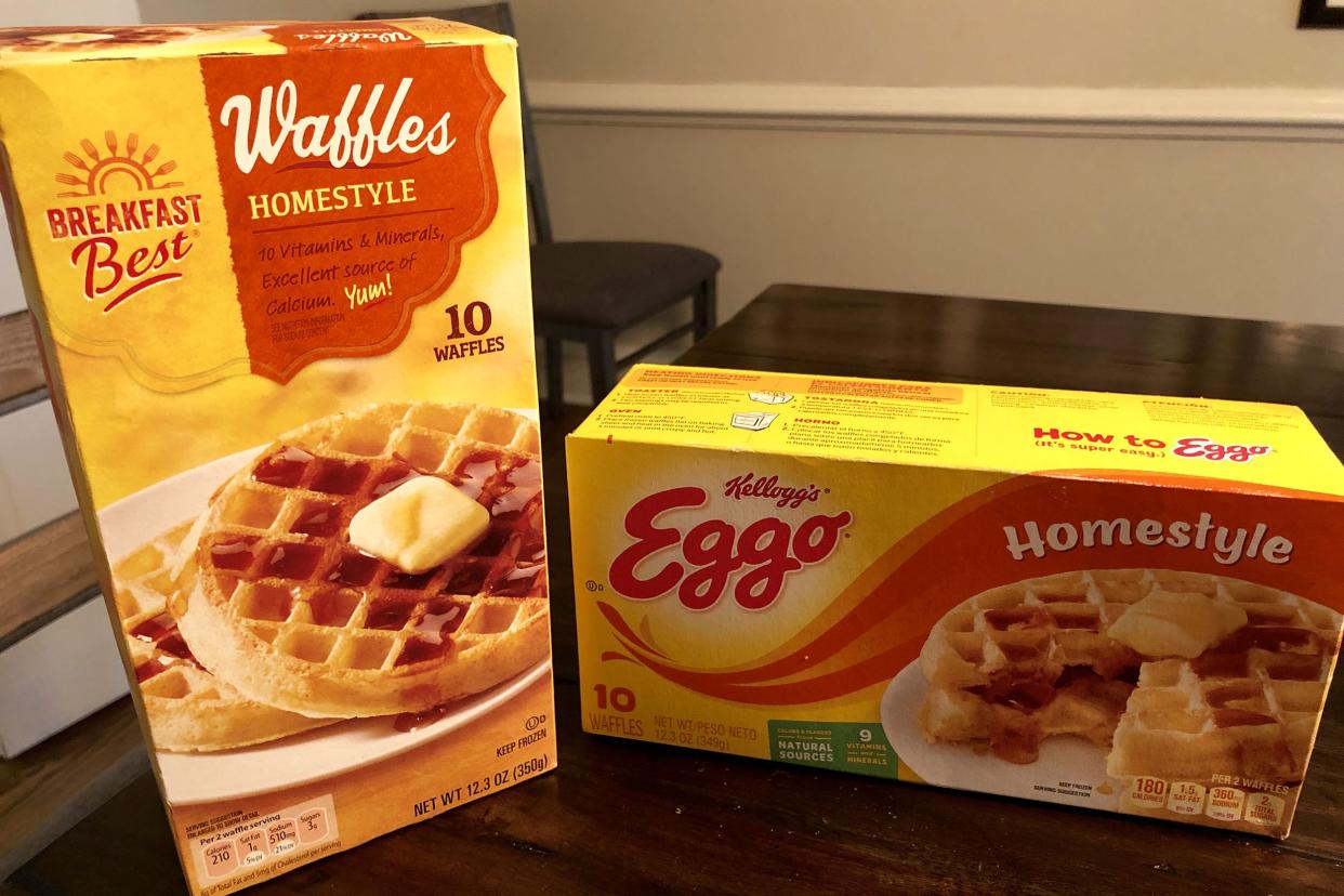 boxes of kellogg's and aldi brand waffles