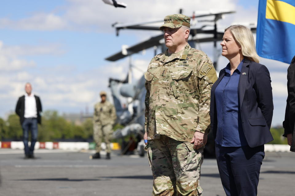 Army Gen. Mark Milley, chairman of the Joint Chiefs of Staff, and Swedish Prime Minister Magdalena Andersson aboard the American amphibious warship USS Kearsarge in Stockholm, Saturday, June 4, 2022. (Fredrik Persson/TT News Agency via AP)