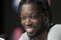 San Diego State forward Nathan Mensah speaks during a news conference in preparation for the Final Four college basketball game in the NCAA Tournament on Thursday, March 30, 2023, in Houston. San Diego State will face Florida Atlantic on Saturday. (AP Photo/David J. Phillip)