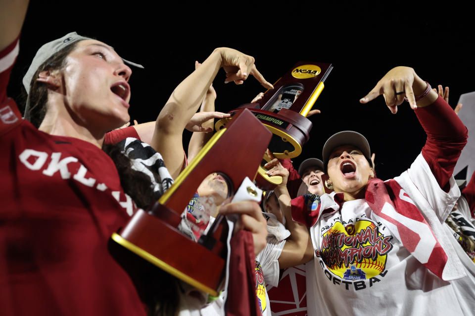 OKLAHOMA CITY, OKLAHOMA - JUNE 06: The Oklahoma Sooners celebrate after defeating the Texas Longhorns 8-4 to win the 2024 Division I Softball Championship held at Devon Park on June 6, 2024 in Oklahoma City, Oklahoma. (Photo by Tyler Schank/NCAA Photos via Getty Images)