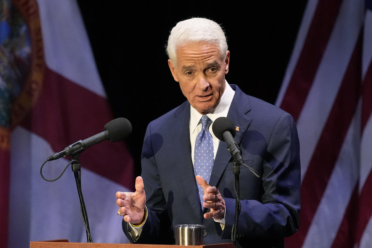 Democratic candidate for Florida governor Charlie Crist speaks during a televised debate against Republican Gov. Ron DeSantis, at Sunrise Theatre in Fort Pierce, Fla., Monday, Oct. 24, 2022.  (Rebecca Blackwell / AP)