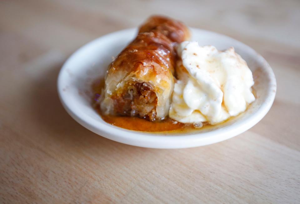 Greek Belly's pumpkin pie baklava is made with phyllo dough, chopped walnuts, almonds and pistachios, honey-cinnamon-citrus syrup and pumpkin filling.