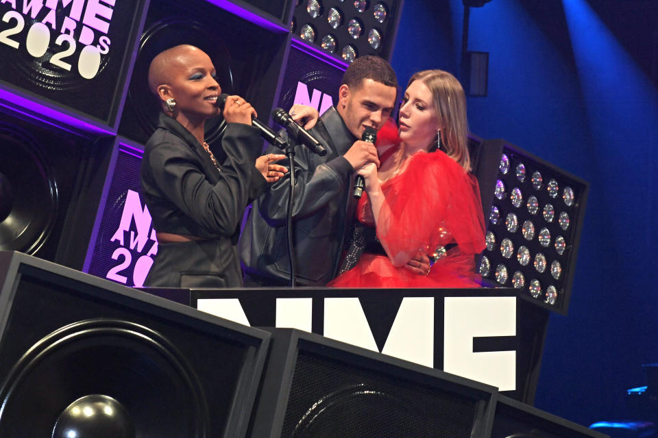 LONDON, ENGLAND - FEBRUARY 12: (L to R) Julie Adenuga, Slowthai and Katherine Ryan attend The NME Awards 2020 at the O2 Academy Brixton on February 12, 2020 in London, England.  (Photo by David M. Benett/Dave Benett/Getty Images)