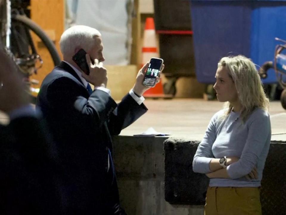 A photo shows Mike Pence in a secure Capitol Hill location watching Donald Trump’s video praising rioters on January 6 2021 (National Archives)