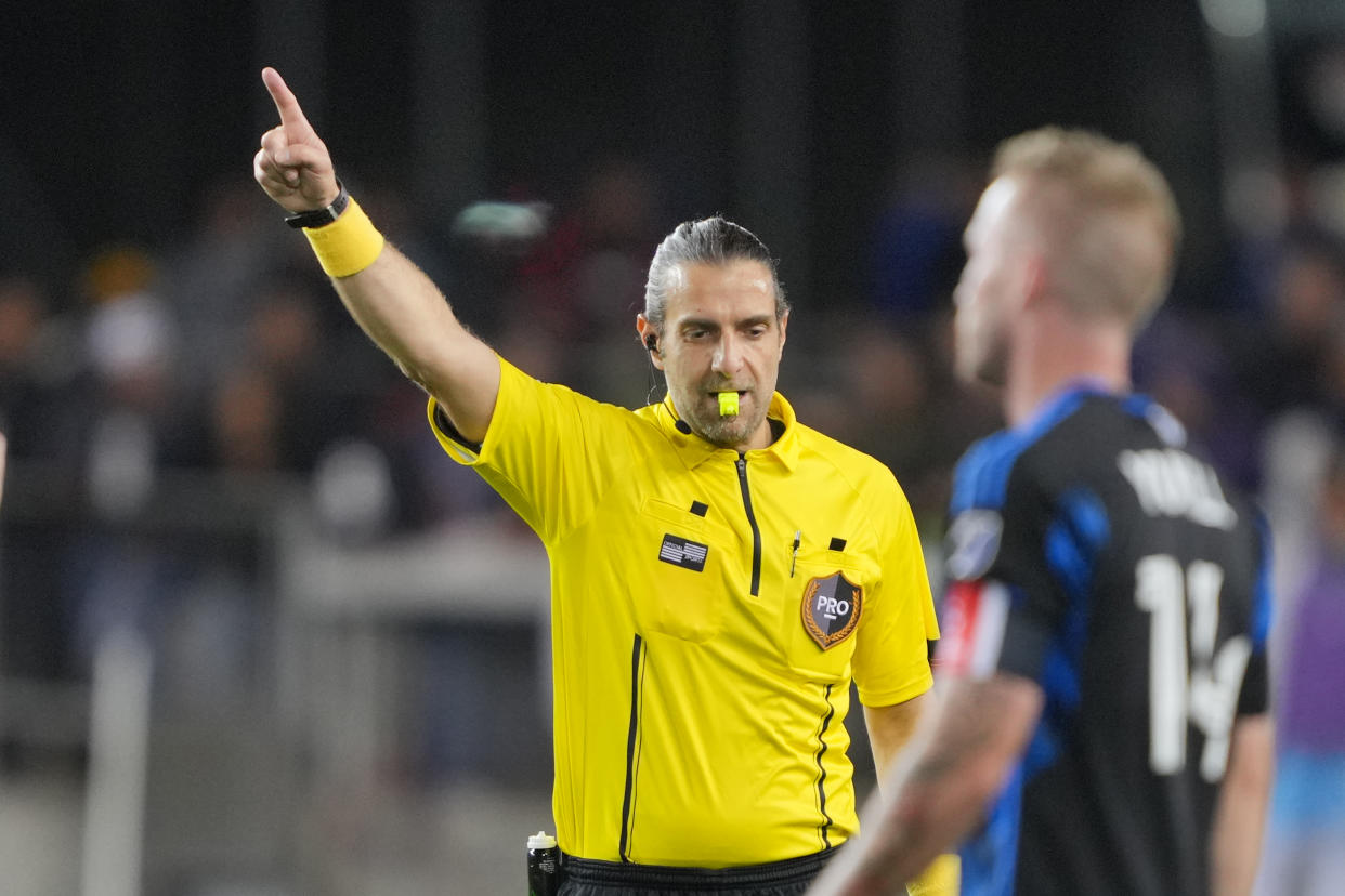 SAN JOSE, CA - MARCH 23: Referee Gabriele Ciampi during a game between Seattle Sounders FC and San Jose Earthquakes at PayPal Park on March 23, 2024 in San Jose, California. (Photo by John Todd/ISI Photos/Getty Images)