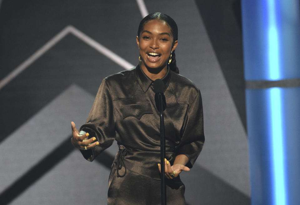 Yara Shahidi presents the best new artist award at the BET Awards on Sunday, June 23, 2019, at the Microsoft Theater in Los Angeles. (Photo by Chris Pizzello/Invision/AP)