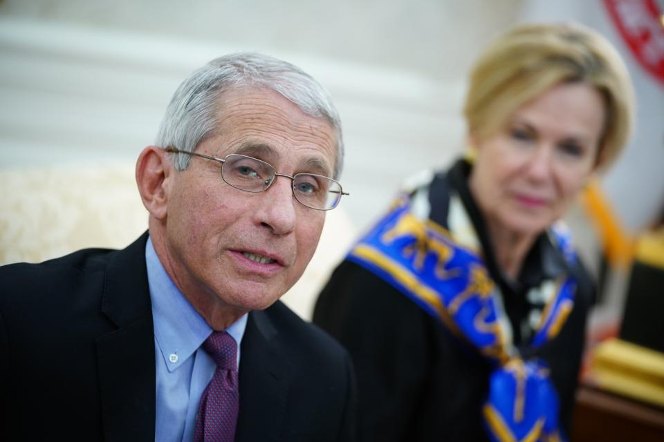 Dr. Anthony Fauci (L), director of the National Institute of Allergy and Infectious Diseases speaks as US President Donald Trump meets with Louisiana Governor John Bel Edwards(D-LA) in the Oval Office of the White House in Washington, DC on April 29, 2020. (Mandel Ngan/AFP via Getty Images)