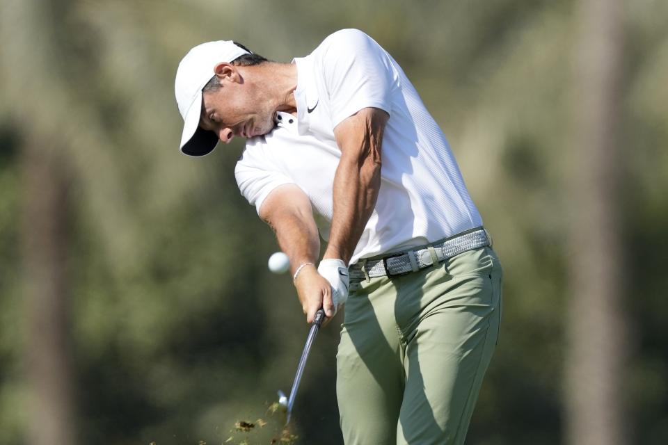 Rory McIlroy of Northern Ireland plays his second shot on 3rd hole during the final round of the Hero Dubai Desert Classic golf tournament, in Dubai, United Arab Emirates, Sunday, Jan. 21, 2024. (AP Photo/Kamran Jebreili)