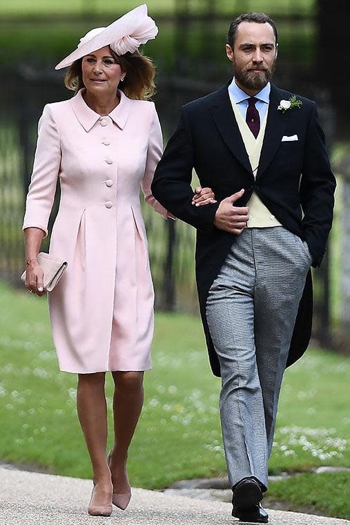 Pippa’s mother Carole nailed it with this pale pink number. She wore a similar sky blue number at the Royal Wedding in 2011. Photo: Getty