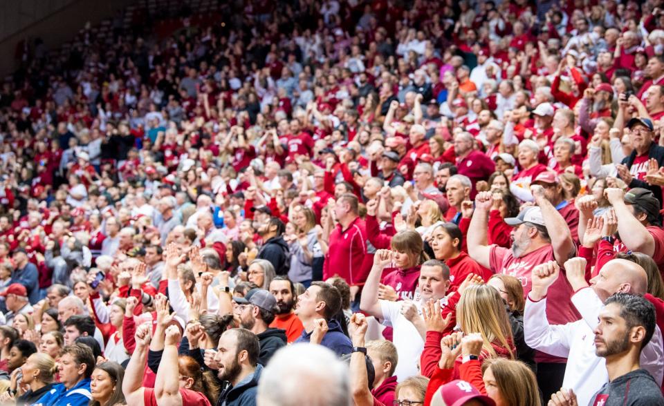 The largest crowd for a regular season game in Indiana women's basketball history watches the Hoosiers during the second half of the Indiana versus Wisconsin women's basketball game at Simon Skjodt Assembly Hall on Sunday, Jan. 15, 2023.