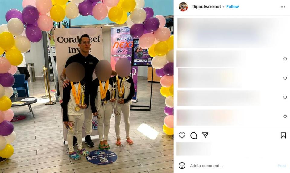 Oscar Olea with three of his gymnastics students. Courtesy of Instagram.