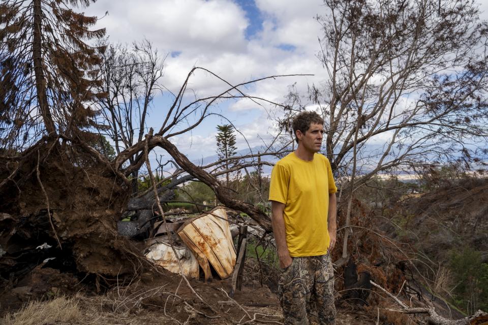 FILE - Kyle Ellison stands in front of a fallen tree in the aftermath of a series of wildfires on Wednesday, Sept. 27, 2023, in Kula, Hawaii. The Maui Fire Department is expected to release a report Tuesday, April 16, 2024, detailing how the agency responded to yjr wildfires that burned on the island during a windstorm last August. (AP Photo/Mengshin Lin, File)