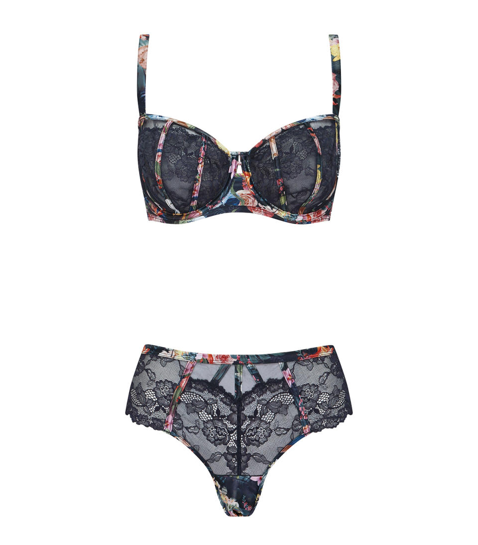 Drama Underwire Bra in Floral Print, $64.99 and matching Brazilian Knicker, $34.99. Photo: Bras N Things (supplied).