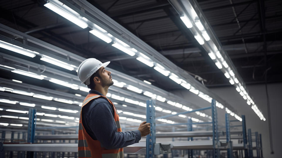 A technician inspecting newly installed lighting components in a state-of-the-art commercial building.