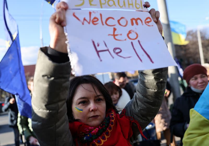 Ukrainians protest against Russia's actions in Donbas outside Russian embassy in Kyiv