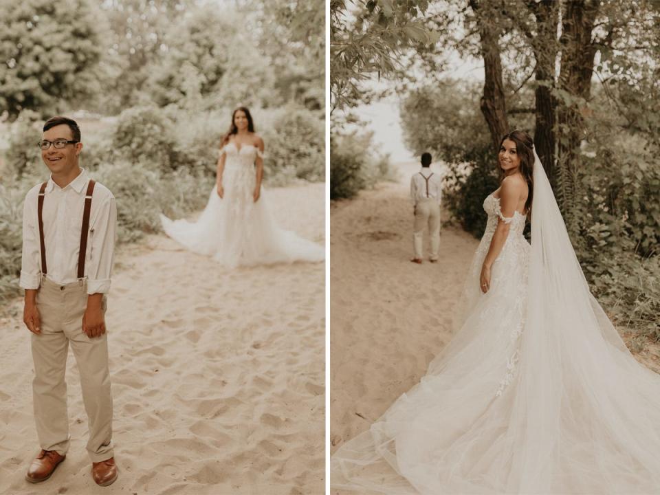 A side-by-side of a bride and her brother standing apart from each other on a beach.