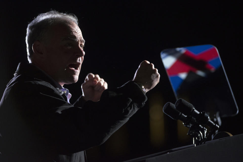 Democratic vice presidential candidate Sen. Tim Kaine speaks during a campaign rally at George Mason University on Nov. 7, 2016, in Fairfax, Va. (Photo: Molly Riley/AP)
