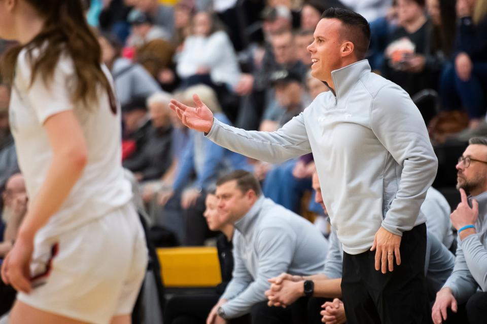 South Western head coach Kevin Klunk reacts during a YAIAA girls' basketball tournament semifinal game against York Suburban Tuesday, Feb. 13, 2024, at Red Lion Area High School. The Trojans won, 34-32.