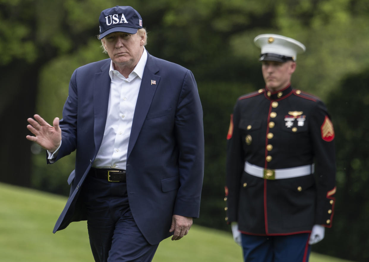 US President Donald Trump waves as he walks from Marine One at the  White House on May 3, 2020 in Washington, DC after returning from Camp David. - Donald Trump will wrap himself in the mantle of America's arguably greatest president with a television extravaganza later Sunday at the Lincoln Memorial meant to leave the coronavirus crisis behind and relaunch his election campaign. (Photo by Andrew CABALLERO-REYNOLDS / AFP) (Photo by ANDREW CABALLERO-REYNOLDS/AFP via Getty Images)