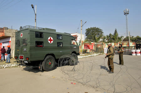 An ambulance enters an army camp after suspected militants attacked the camp, in Jammu, February 10, 2018. REUTERS/Mukesh Gupta