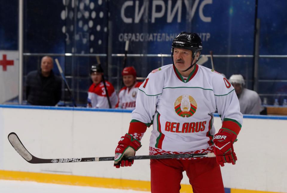  Belarusian President Alexander Lukashenko plays ice hockey at Shayba Arena in the Black Sea resort of Sochi, Russia February 15, 2019 (REUTERS)