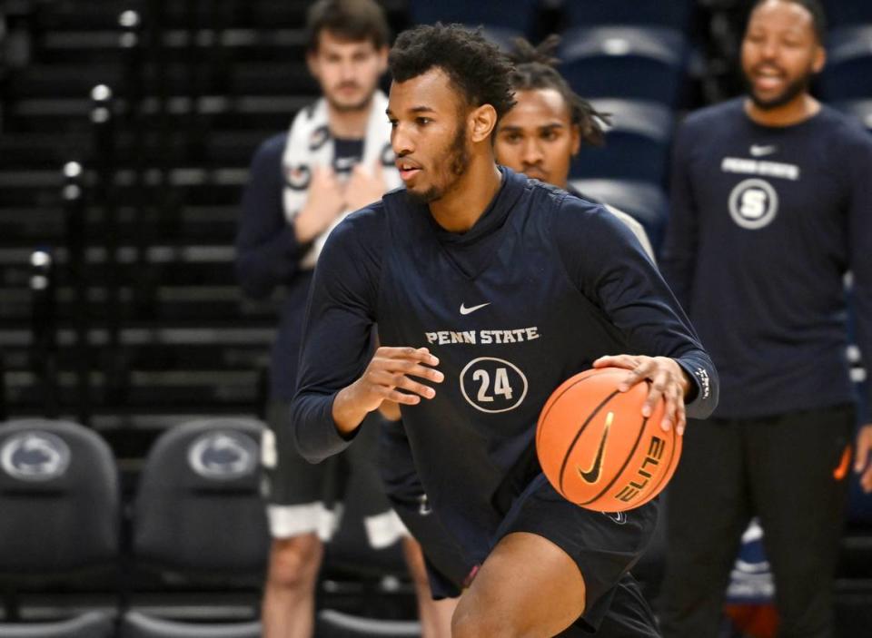 Zach Hicks dribbles down the court during Penn State men’s basketball practice on Monday, Oct. 23, 2023.
