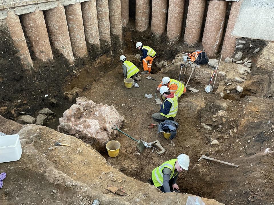 Archaeologists from the University of Leicester excavate a Roman cellar at Leicester Cathedral.