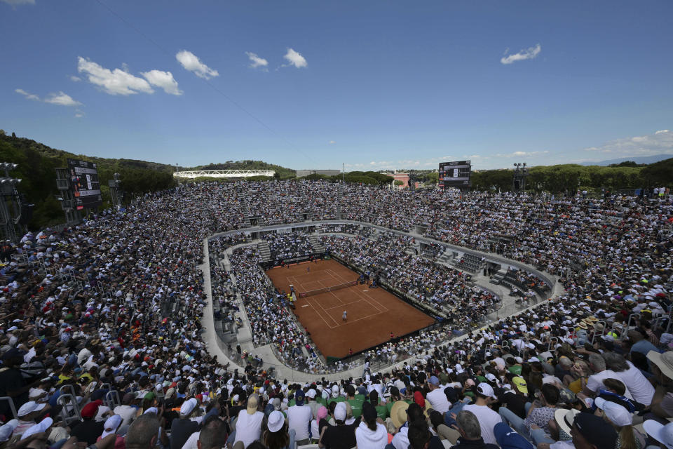 A view of the central court as Hubert Hurkacz, of Poland, plays Rafael Nadal, of Spain, during their match at the Italian Open tennis tournament in Rome, Saturday, May 11, 2024. (Alfredo Falcone/LaPresse via AP)