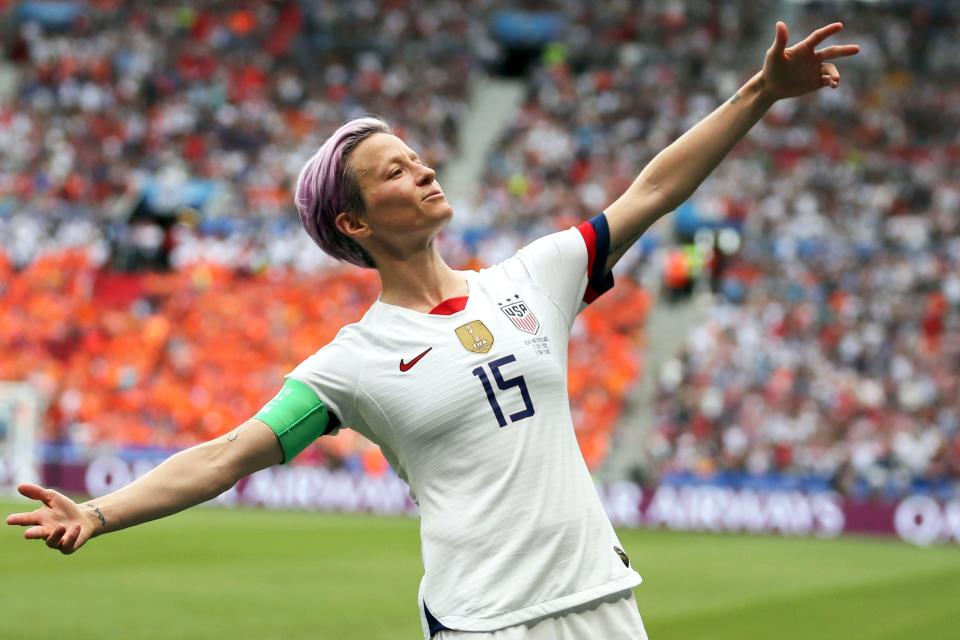 Megan Rapinoe celebrates after scoring the opening goal from the penalty spot during the World Cup in 2019.