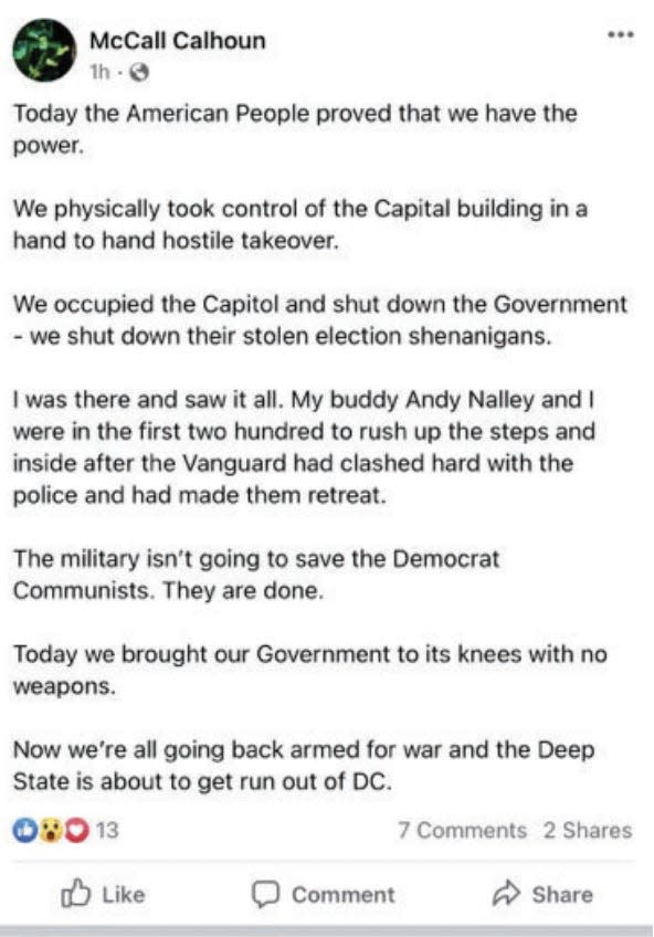 Screenshot of Calhoun's Facebook posts following the Capitol riot, according to prosecutors.