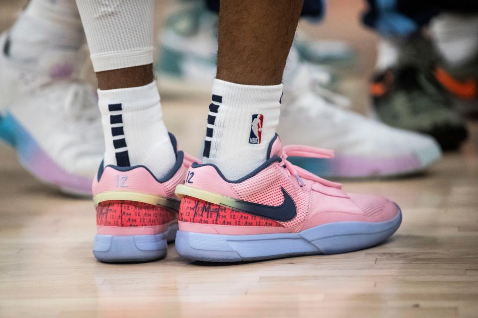 The Memphis Grizzlies guard Ja Morant (12) wears his signature Nike Ja 1 shoes during a game against the New Orleans Pelicans on Dec. 31, 2022 at the Fedex Forum in Memphis.