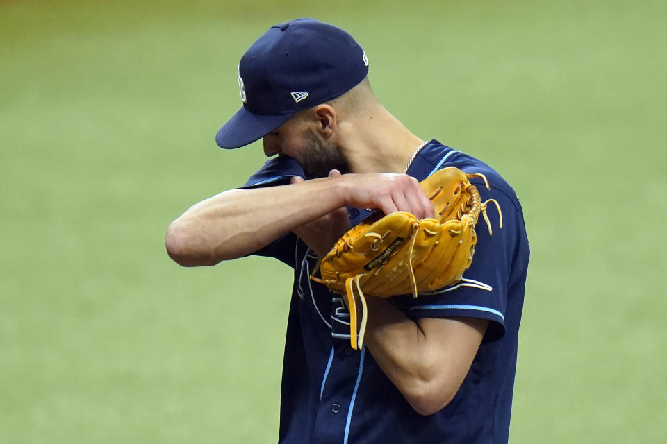 Tampa Bay Rays relief pitcher Nick Anderson (70) reacts after giving up a two-run home run to Washington Nationals' Luis Garcia during the 10th inning of a baseball game Wednesday, Sept. 16, 2020, in St. Petersburg, Fla. (AP Photo/Chris O'Meara)