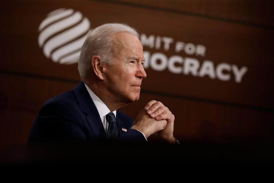 WASHINGTON, DC - DECEMBER 09: U.S. President Joe Biden delivers opening remarks for the virtual Summit for Democracy in the South Court Auditorium on December 09, 2021 in Washington, DC.