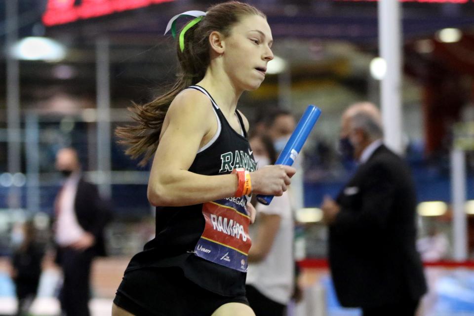 Brianna Braver, of Ramapo, runs the first leg of the Girls' 4x800, at the Millrose Games, in Manhattan. Saturday, January 29, 2022