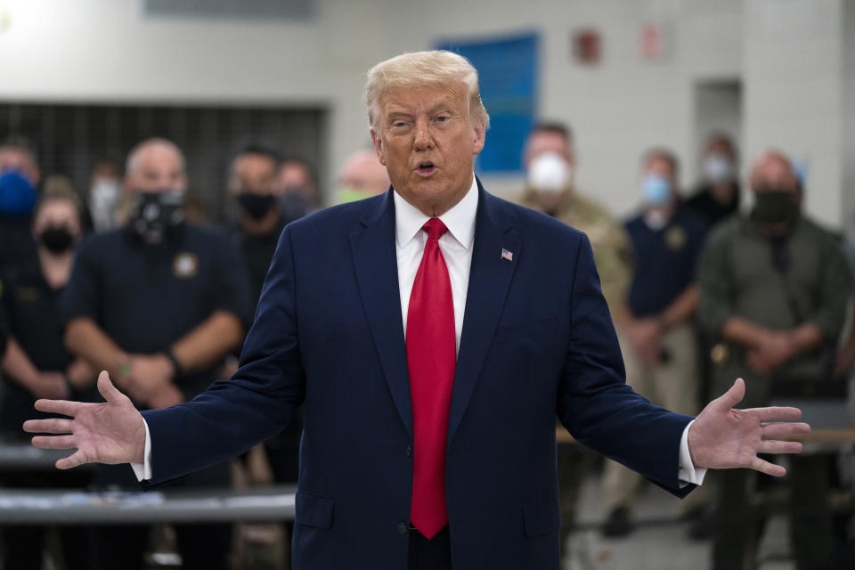 FILE - In this Tuesday, Sept. 1, 2020, file photo, President Donald Trump speaks as he tours an emergency operations center and meets with law enforcement officers at Mary D. Bradford High School, in Kenosha, Wis. President Donald Trump's niece has followed up her best selling tell-all book with a lawsuit alleging that Trump and two of his siblings cheated her out of tens of millions of dollars. (AP Photo/Evan Vucci, File)