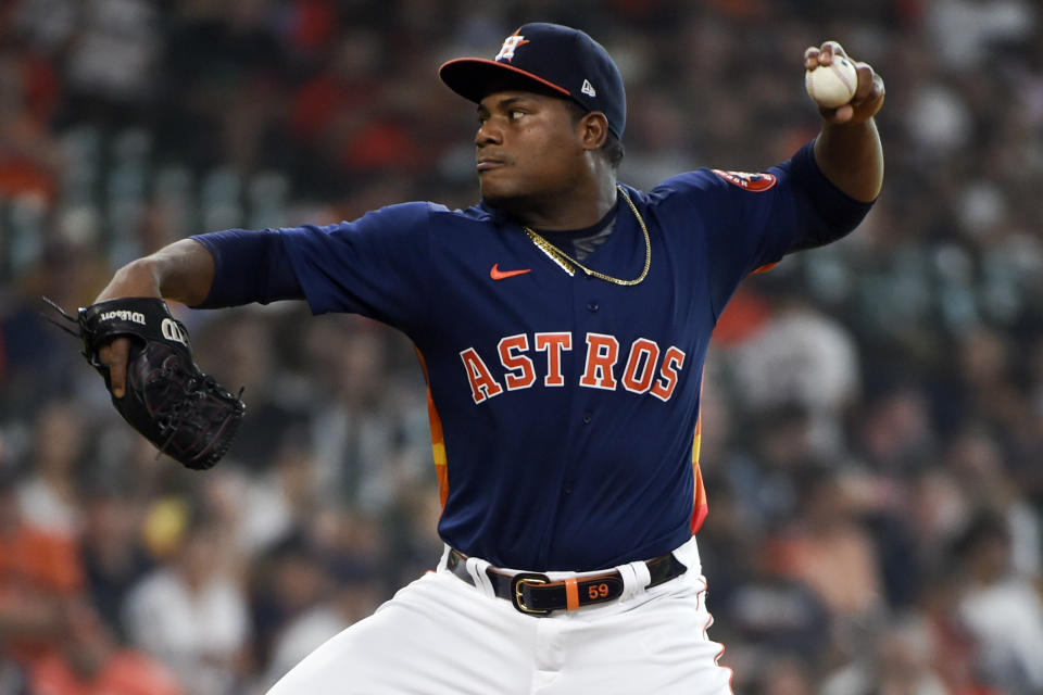 Houston Astros starting pitcher Framber Valdez delivers during the first inning of a baseball game against the Chicago White Sox, Saturday, June 19, 2021, in Houston. (AP Photo/Eric Christian Smith)