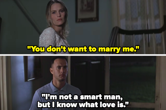 A woman says "You don't want to marry me" and a man responds "I'm not a smart man, but I know what love is"