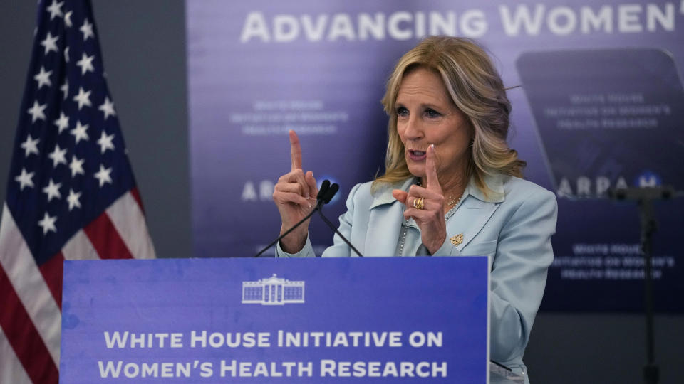 First lady Jill Biden addresses a gathering during a discussion on women's health research, Wednesday, Feb. 21, 2024, in Cambridge, Mass. (AP Photo/Charles Krupa, Pool)