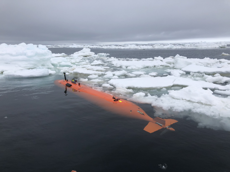 Rán, an autonomous underwater vehicle, among sea ice in front of Thwaites Glacier (Anna Wåhlin/University of Gothenburg)