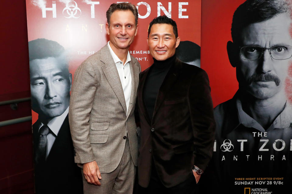 <p>Tony Goldwyn and Daniel Dae Kim attend the New York City premiere of National Geographic's <em>The Hot Zone: Anthrax</em> on Nov. 22.</p>