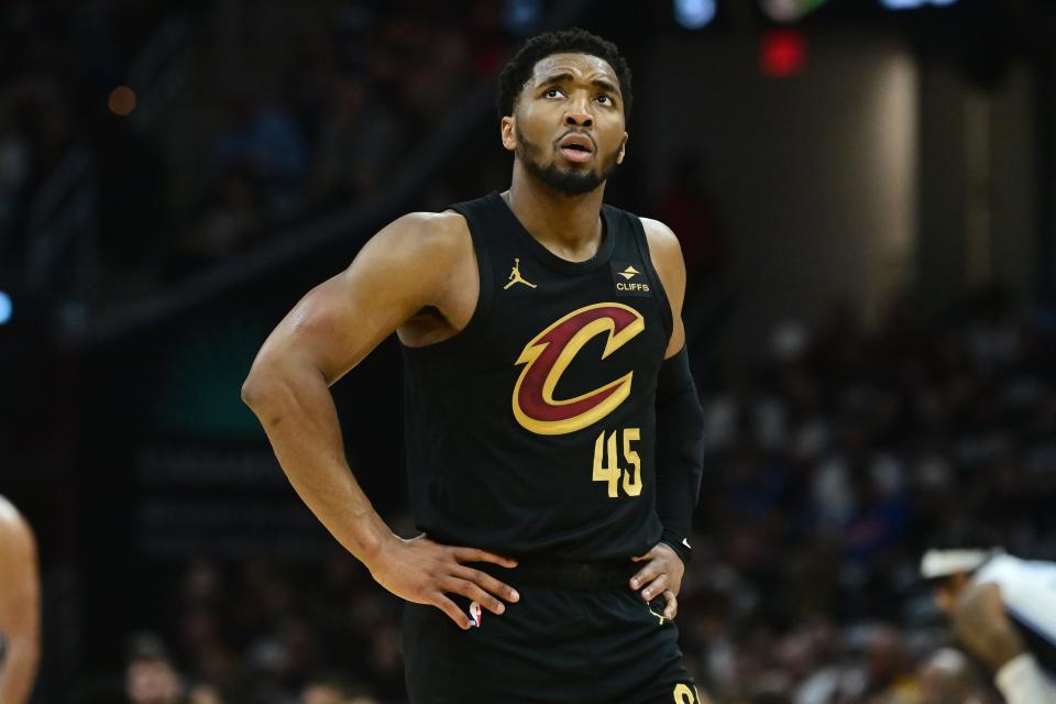 May 5, 2024; Cleveland, Ohio, USA; Cleveland Cavaliers guard Donovan Mitchell (45) reacts during the first half against the Orlando Magic in game seven of the first round for the 2024 NBA playoffs at Rocket Mortgage FieldHouse. Mandatory Credit: Ken Blaze-USA TODAY Sports