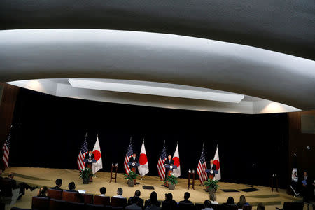 Japan's Defense Minister Itsunori Onodera (L-R), Japan's Foreign Minister Taro Kono, U.S. Secretary of State Rex Tillerson and U.S. Defense Secretary James Mattis hold a news conference after their U.S.-Japan Security talks at the State Department in Washington, U.S., August 17, 2017. REUTERS/Jonathan Ernst