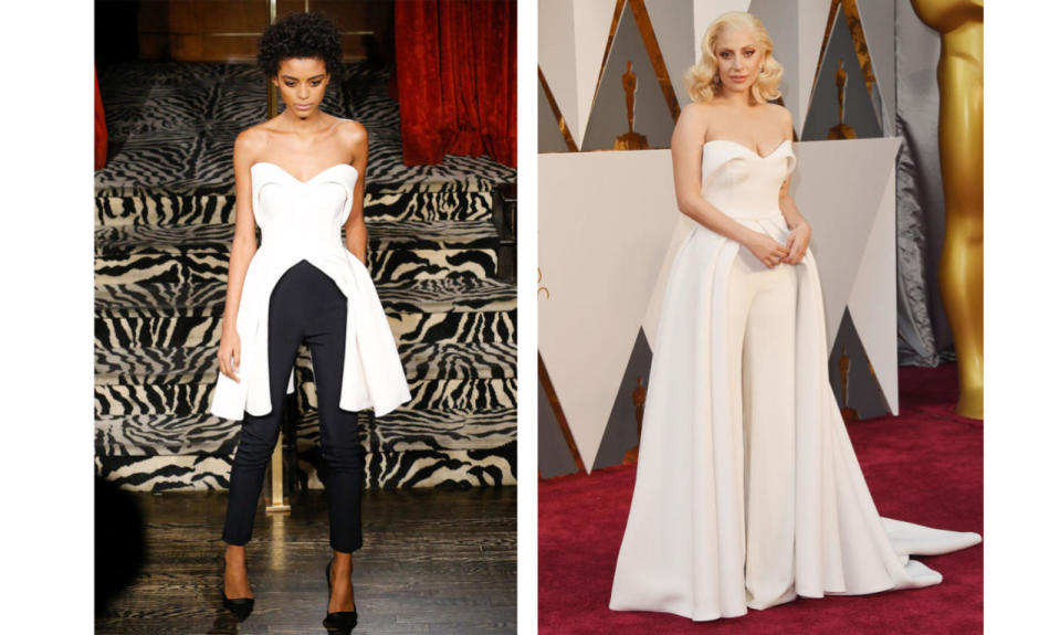 <p>Gaga’s dramatic outfit included a modified version of this strapless Brandon Maxwell top, with a lengthened peplum that became a train of sorts. She paired hers with white trousers for a much more glamorous look than the runway version. <i>(Photos: Getty Images)</i></p>