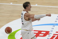 Germany forward Moritz Wagner (13) reacts after scoring during the Basketball World Cup quarterfinal between Germany and Latvia in Manila, Philippines, Wednesday, Sept. 6, 2023. (AP Photo/Aaron Favila)