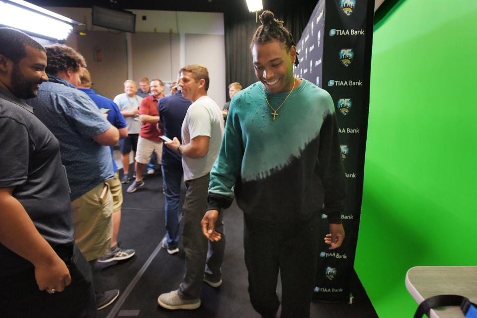 Jaguars cornerback Jalen Ramsey (20) leaves the interview room after he held a press conference with the media in September 2019, shortly before his exit from Jacksonville. Ramsey, now playing for the Rams, faces the Jaguars Sunday.